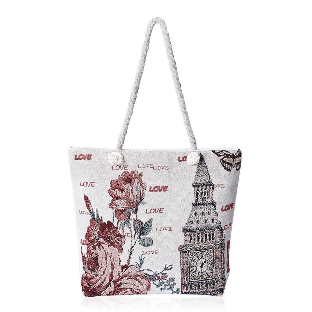Tote Bag Off White with Big Ben Flower Love